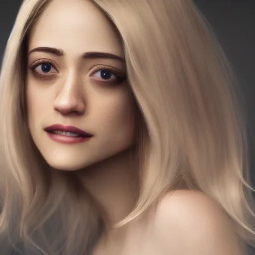 Image similar to blonde hair Emmy Rossum, realistic, photo studio, HDR, 8k, trending on artstation