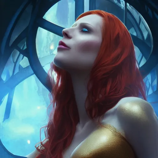 Image similar to redhead vampire sorceress, perfect face viewed in profile, bright glowing blue and silver eyes, gold shirt, cinematic, floating ash, stunning, highly detailed, artstation, smooth, hard focus, concept art, art by artgerm and greg rutkowski and alphonse mucha, volumetric lighting, octane render, 4 k resolution, trending on artstation, masterpiece