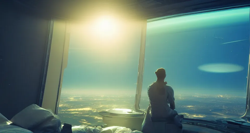 Prompt: moody sci-fi bedroom high up in the stratosphere with a man looking out his window at the world below, lens flare, atmosphere, glow, unreal engine 5, full of color, trending on artstation, ultra high detail, ultra realistic, cinematic, focused, 8k