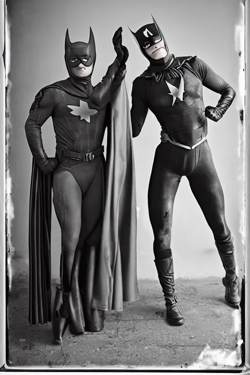 Prompt: collodion photo of superheroes in san francisco