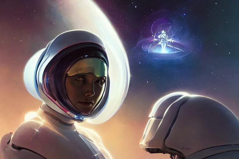 Image similar to Portrait of a Futuristic reflective spacesuit visor mirror spacesuit reflecting a nebula supernova in space, portrait, elegant, intricate, digital painting, artstation, concept art, smooth, sharp focus, illustration, art by artgerm and greg rutkowski and alphonse mucha