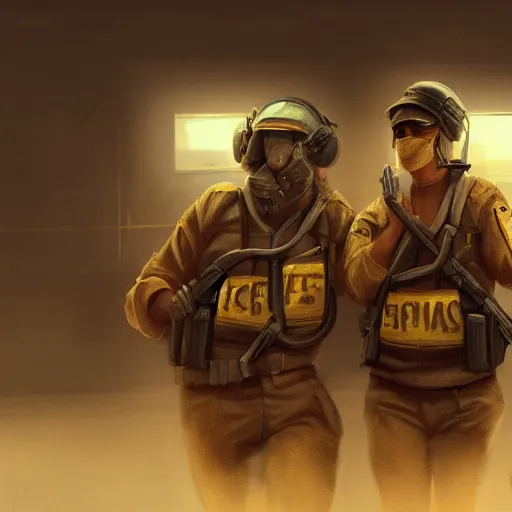 Prompt: two airport officers arresting spices, apocalyptic, dramatic, hyperdetailed, cinematic lighting, cg society, trending on art station, aesthetic