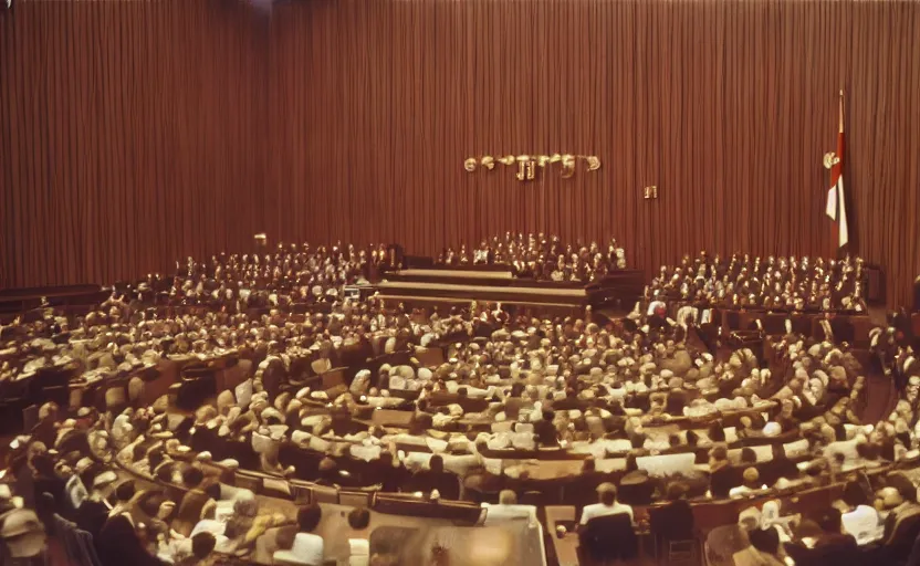 Prompt: 60s movie still of a CCCP congress in a stanilist style parlement, by Irving Penn , cinestill 800t 35mm eastmancolor, heavy grainy picture, very detailed, high quality, 4k, HD criterion, precise texture