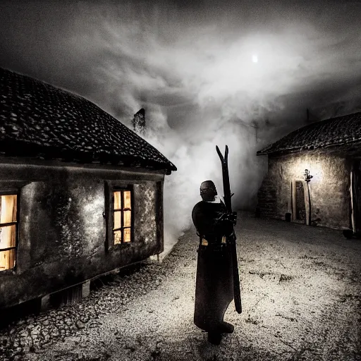 Prompt: a small medieval village at night time, orange glowing light filters out through the windows of the houses and a thin mist has settled around them, a lone guard stands watch armed with a spear and a flaming torch, dramatic, dark moody lighting, high quality