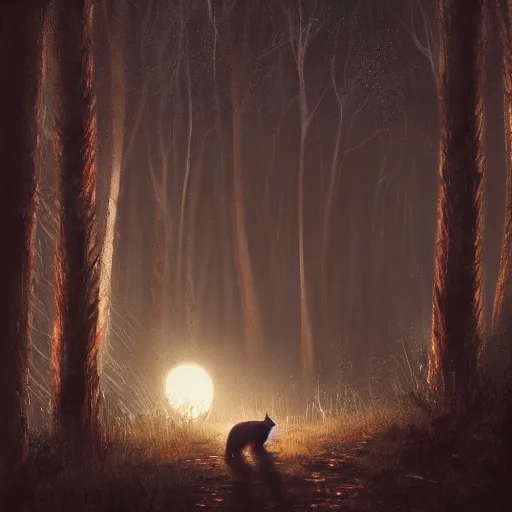 Prompt: tabby cat in a dark moonlit forest, serene, highly detailed, by Greg Rutkowski, trending on artstation, 4k