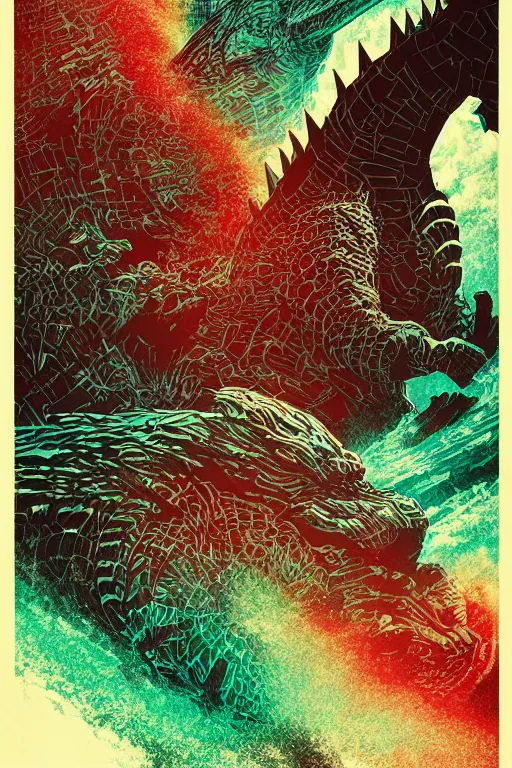 Prompt: godzilla print, cruzartz, variaciones de un espacio plastico, andy gilmore art, macroblank, 四 川 方 言 读 诵 版