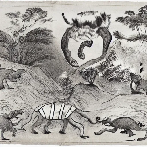 Prompt: A tiger, a turtle, an elephant, a rabbit and a fox running away from an erupting volcano, cartoonish