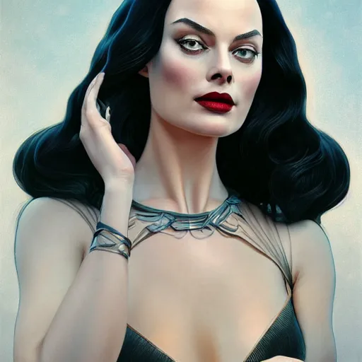 Image similar to margot robbie as morticia addams, masterpiece, intricate, elegant, highly detailed, digital painting, artstation, concept art, smooth, sharp focus, illustration, art by artgerm and greg rutkowski and alphonse mucha and uang guangjian and gil elvgren and sachin teng, symmetry!!