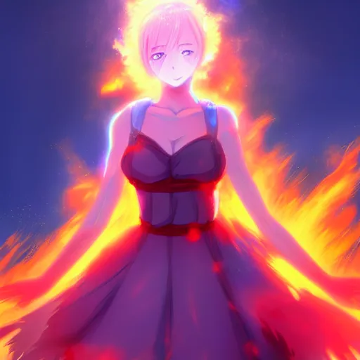 Prompt: advanced digital anime art, a very cute gorgeous teenage girl made of fire and ice with red fiery watery eyes glancing over her left shoulder wearing a dress made of water is standing in an apocalyptic burning city, full body, full round face, dramatic cinematic lighting, highly intricately detailed, trending on pixiv, Artstation, painted by Rossdraws and the style of Sakimimichan