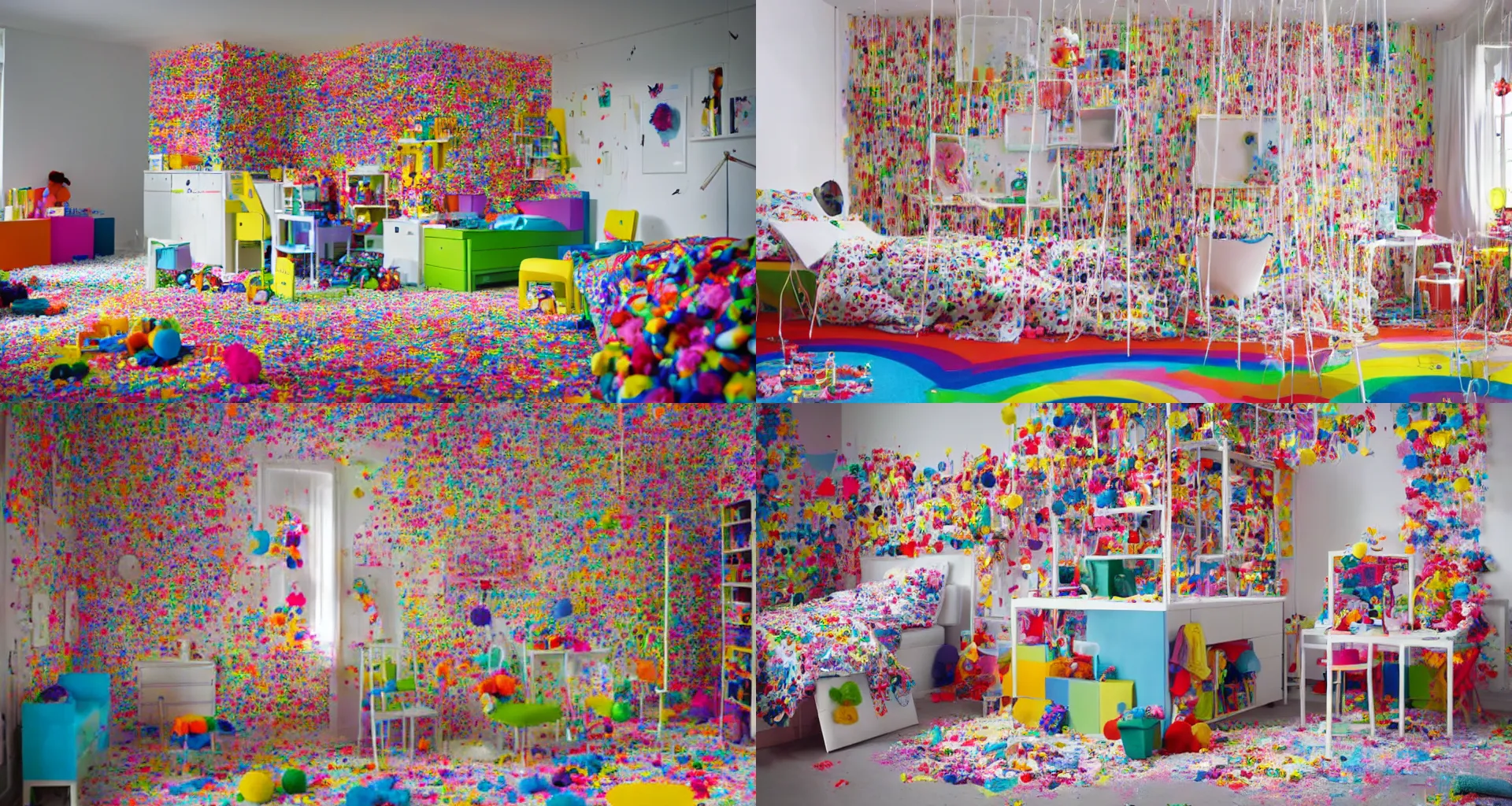 Prompt: IKEA catalogue photo of a children's bedroom, rainbow, toys, by Chiharu Shiota