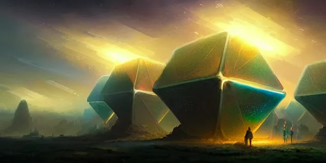 Image similar to a fleet of giant glowing futuristic cubes in the sky, a fantasy magical landscape seen in the distance, atmospheric lighting, intricate, volumetric lighting, beautiful, sharp focus, ultra detailed, in the art style of marc simonetti, bowater charlie and brom gerald, astrophotography