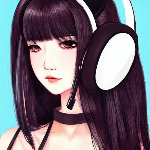 Image similar to realistic beautiful gorgeous natural cute Blackpink Lalisa Manoban black hair cute fur black cat ears, wearing white camisole, headphones, black leather choker artwork drawn full HD 4K highest quality in artstyle by professional artists WLOP, Taejune Kim, Guweiz on Pixiv Artstation