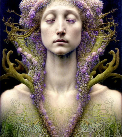 Prompt: detailed realistic beautiful spring goddess face portrait by jean delville, gustave dore, iris van herpen and marco mazzoni, art forms of nature by ernst haeckel, art nouveau, symbolist, visionary, gothic, neo - gothic, pre - raphaelite, fractal lace, intricate alien botanicals, ai biodiversity, surreality, hyperdetailed ultrasharp octane render