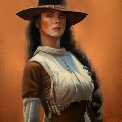 Image similar to a matte painting of the wild west woman, oil painting, pale colors, high detail, 8 k, wide angle, trending on artstation,