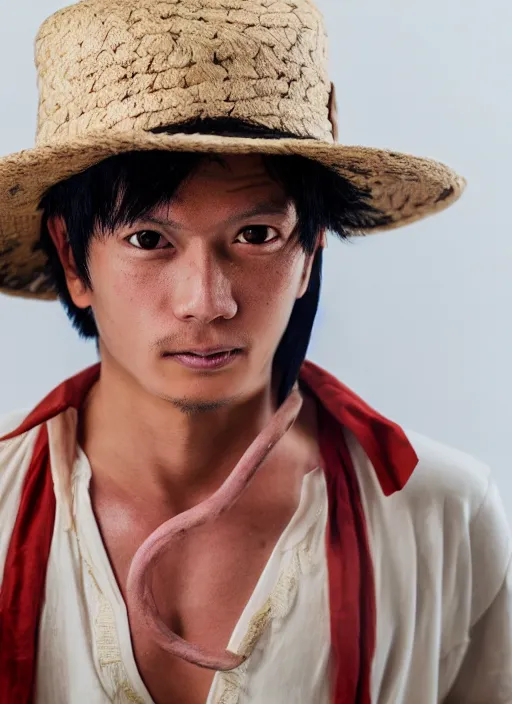 Image similar to A full portrait photo of real-life luffy one piece, f/22, 35mm, 2700K, lighting, perfect faces.