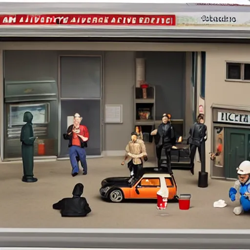 Prompt: a diorama of an active bank robbery, mini model, diorama, clay, action figures