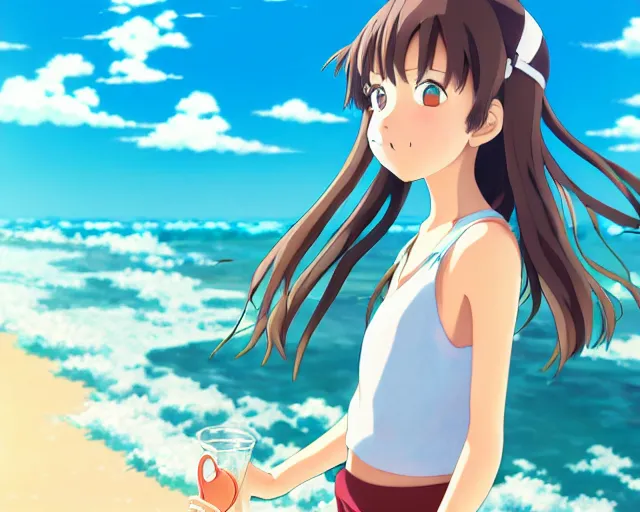 Image similar to anime fine details portrait of joyful girl at beach anime masterpiece by Studio Ghibli. 8k render, sharp high quality anime illustration in style of Ghibli, artstation