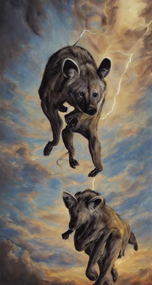 Image similar to bosch oil painting of a giant hyena made of electricity, leaping through the sky, apocalyptic