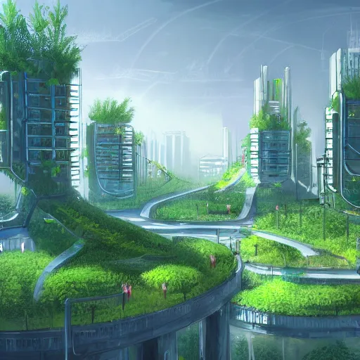 Prompt: a concept art of a solarpunk city with lush vegetation, tall skyscrapers and autonomous vehicles, trending on artstation, digital art