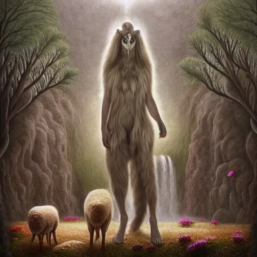 Image similar to an anthromorphic wolf dressed like a sheppard with 2 sheep in a zen garden with a waterfall under the blood moon, by Adi granov and afarin sajedi and amanda sage and evgeni gordiets and Agostino Arrivabene and adonna khare in a psychedelic portrait style, ultrarealistic matte painting, volumetric lighting, fractal, extremely symmetrical, highly detailed face, orisha, 8k, hd