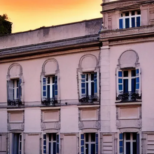 Image similar to a french building. sunset lighting.