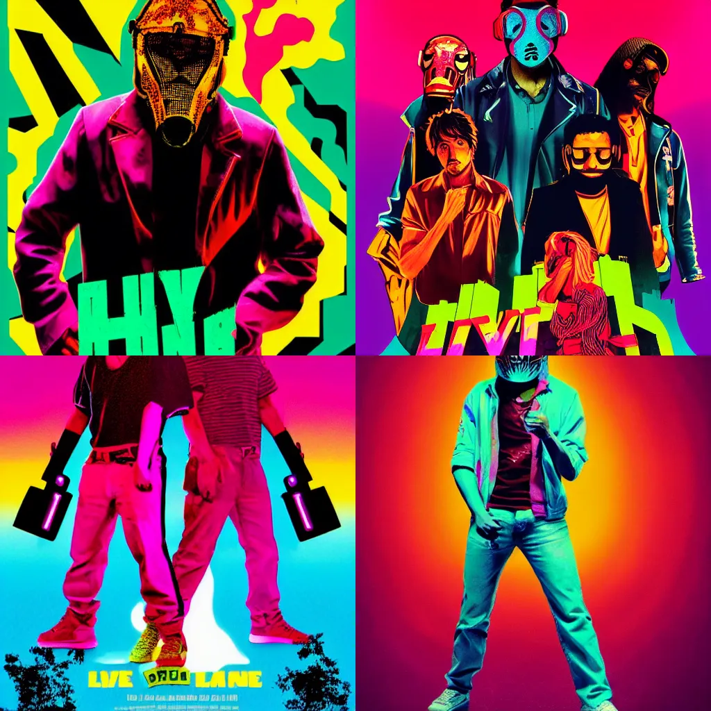 Prompt: a poster for the live action movie adaptation of Hotline Miami (2012) starring ryan gosling, surrealist, 80s retro, bisexual lighting