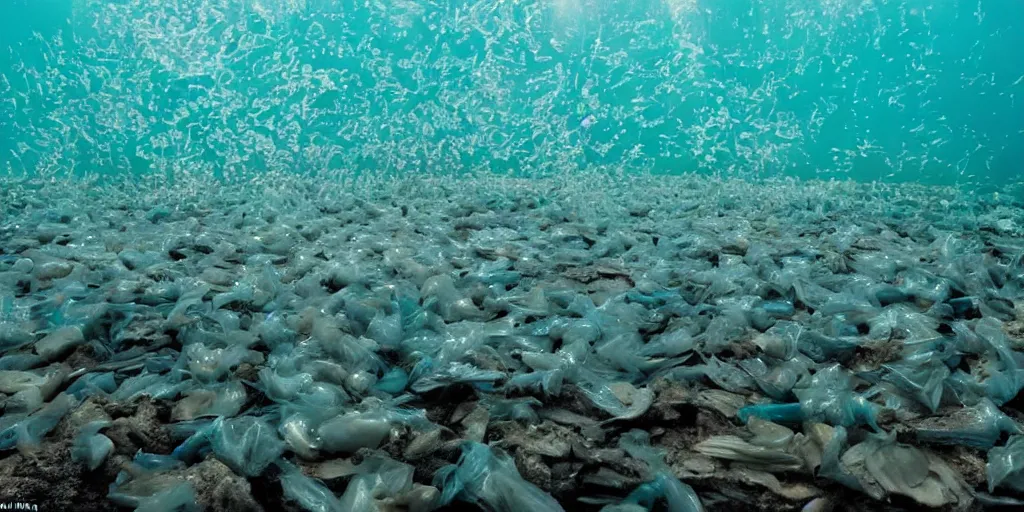 Image similar to fish covered in plastic underwater in the ocean in an eerie feeling and looking dystopian, the sunlight is in rays through the water