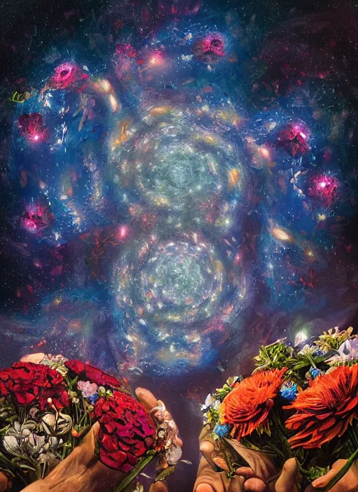 Image similar to An epic fantastic realism comic book style painting of the most beautiful entwined flowers launched across the dark and starry night sky, nebulous bouquets, fisheye lens, unreal 5, DAZ, hyperrealistic, octane render, dynamic lighting