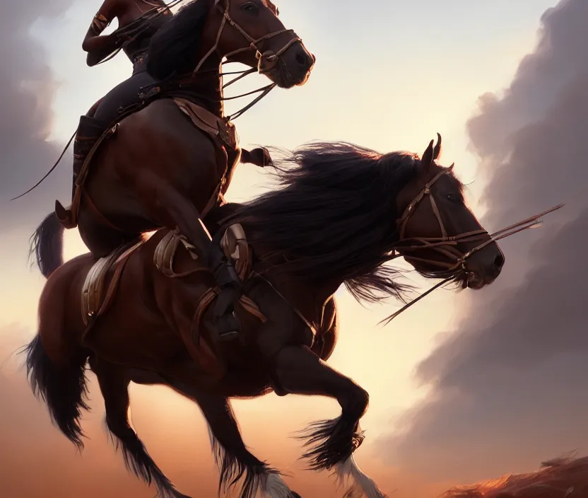 Prompt: full body portrait of beautiful black woman on horseback, striding clydesdale, cinematic, highly detailed, digital painting, artstation, concept art, smooth, sharp focus, illustration, face by wlop, illustrated by mars ravelo and greg rutkowski