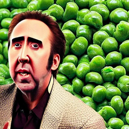 Image similar to nicolas cage wearing a wicker basket on head screaming a mouth full of peas