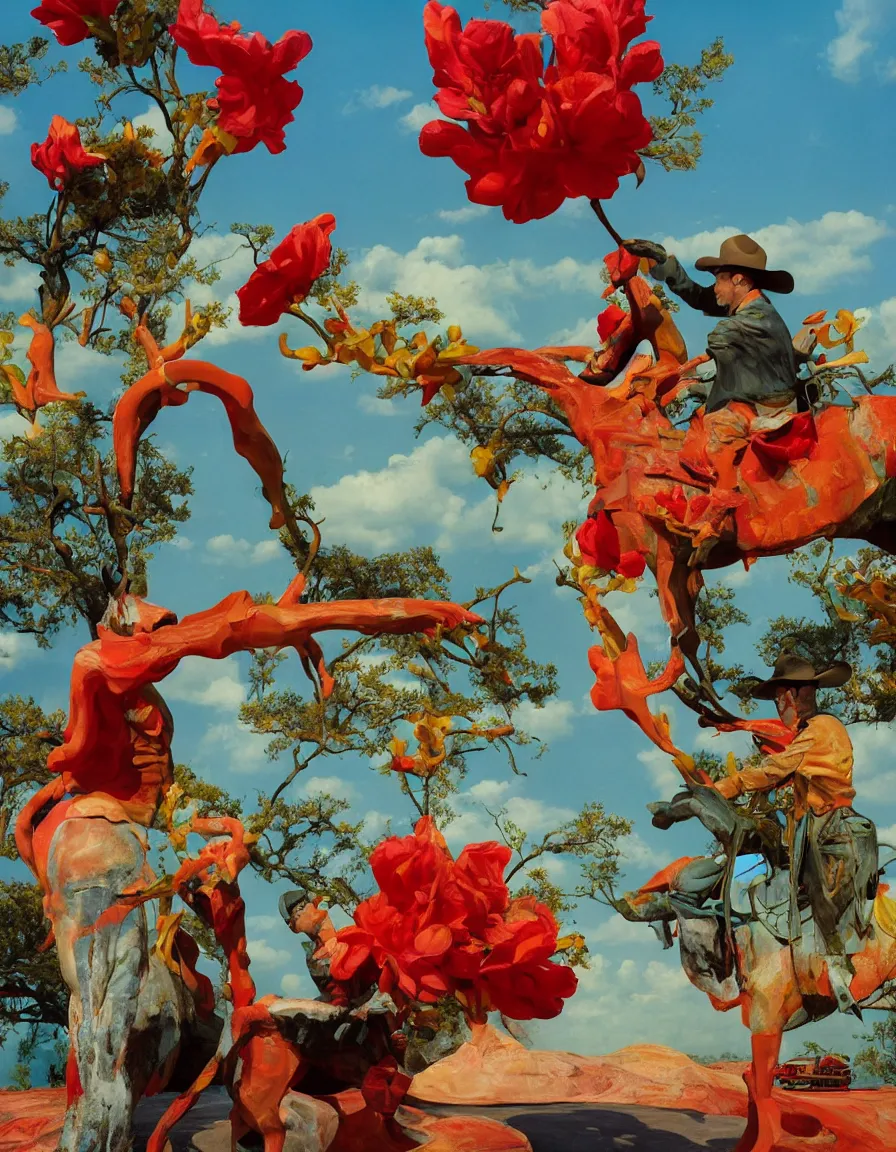 Image similar to a cowboy turning into blooms by slim aarons, by zhang kechun, by lynda benglis. tropical sea slugs, angular sharp tractor tires. complementary colors. warm soft volumetric light. national geographic. 8 k, rendered in octane, smooth gradients. manly cowboy riding by edward hopper and frank frazetta. red accents.