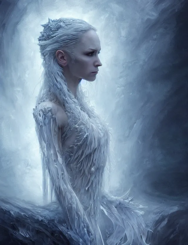 Image similar to epic professional digital art of the ice queen, atmospheric lighting, painted, complex, detailed, sinister background, leesha hannigan, wayne haag, reina rocin, ignacio fernandez rios, mark ryden, iris van herpen, epic, stunning, magnificent, very wow, cinematic, masterpiece, complex, with a clear focus, on trend on artstation