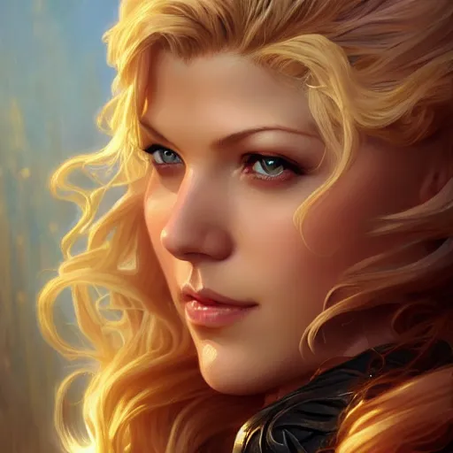 Image similar to beautiful Katheryn Winnick as Super Girl, western, closeup, D&D, fantasy, intricate, elegant, highly detailed, digital painting, artstation, concept art, matte, sharp focus, illustration, art by Artgerm and Greg Rutkowski and Alphonse Mucha