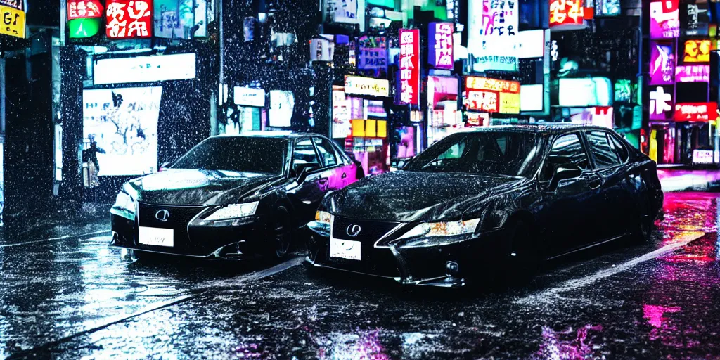 Image similar to tokyo vaporwave black lexus ct 2 0 0 h origami neon signs raining, hyper realisitic wet pavement