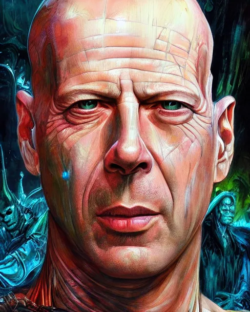 Image similar to bruce willis, by antonio j. manzanedo, giger, alex grey, android jones, wayne barlowe, philippe druillet, raymond swanland, cyril rolando, josephine wall, harumi hironaka, trending on artstation