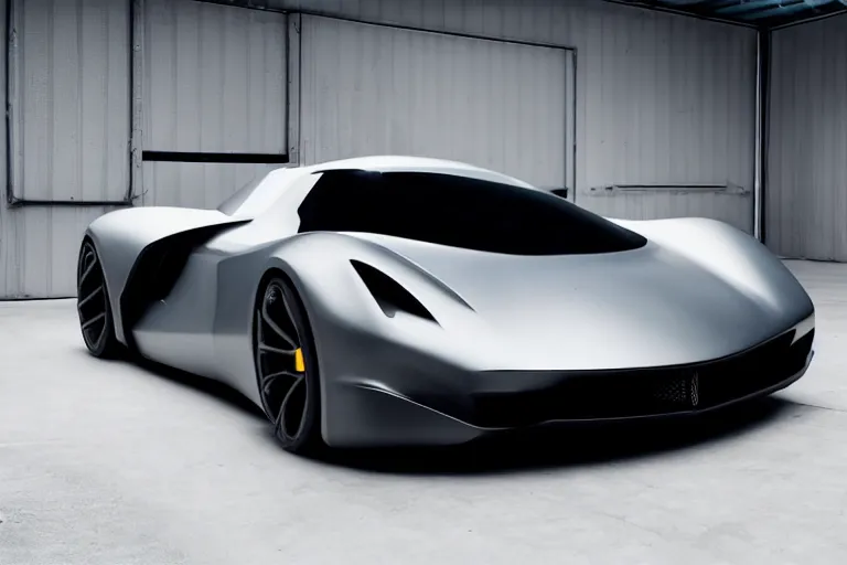 Image similar to A futuristic supercar made of a slick grey scaled metal, professional garage photograph.