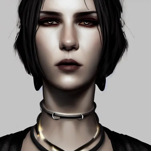 Prompt: realistic female character cyberpunk wearing technological collar around neck, realistic, art, beautiful, 4K, collar, choker, collar around neck, punk, artstation, detailed, female, woman, choker, cyberpunk, punk, collar, choker, collar around neck,