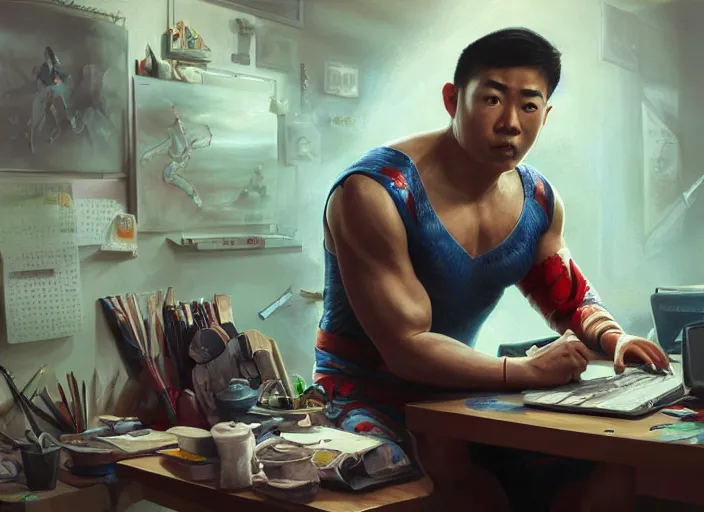 Image similar to an insanely detailed and realistic painting of an asian man wearing a homemade superhero costume, sitting at a desk, staring seriously at the computer and typing, in the style of peter mohrbacher, james jean, artgerm, dramatic lighting and composition, surreal background, octane render, pixar, trending on artstation, concept art, comic book, 8 k