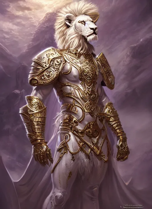 Prompt: anthropomorphized white lion paladin casting magic bright light spell, heroic pose, concept art, insanely detailed and intricate, hypermaximalist, elegant, ornate, hyper realistic, super detailed, art deco, cinematic, trending on artstation, magic the gathering artwork