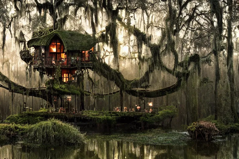 Prompt: an elaborate whimsical treehouse built over a mossy bayou at twilight, lit by lanterns, moody lighting, hyperdetailed photograph