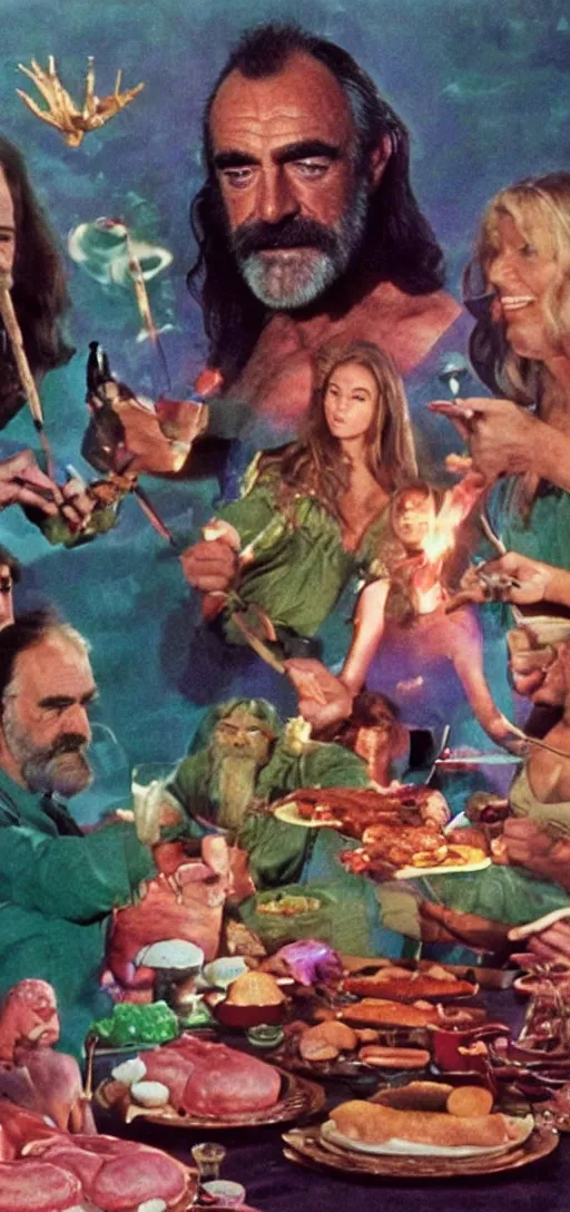 Prompt: a 3 5 mm color picture of sean connery as zardoz accessing third eye second level during his 9 6 6 th birthday party along with female friends. everything is of the second level including plates of green bread and hams on the isle of kun lao. volumetric lighting with picoso hotdogs. atmospheric. national geographic.