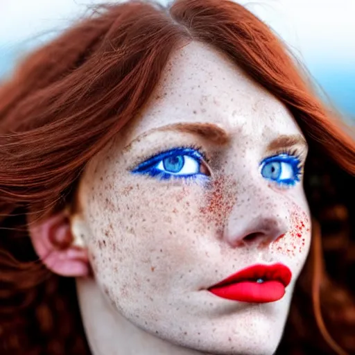 Image similar to close up photo of the left side of the face of a woman with blue eyes and wavy long red-brown hair, red detailed lips and freckles who looks directly at the camera. Slightly open mouth. Whole head visible and covers half of the frame, with a park visible in the background. 135mm nikon. Intricate. Very detailed 8k. Sharp. Cinematic post-processing. Unreal engine. Nanite. Ray tracing. Parallax. Tessellation