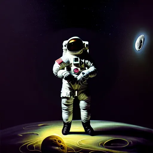 Prompt: full-body dark creepy baroque style oil painting realism a headless astronaut on the moon with futuristic elements. no head, empty helmet full-length view. standing on ancient altar eldritch energies lighting forming around disturbing frightening intricate artwork by caravaggio. Trending on artstation, cinematic lighting from the right, hyper realism, 8k, depth of field, 3D