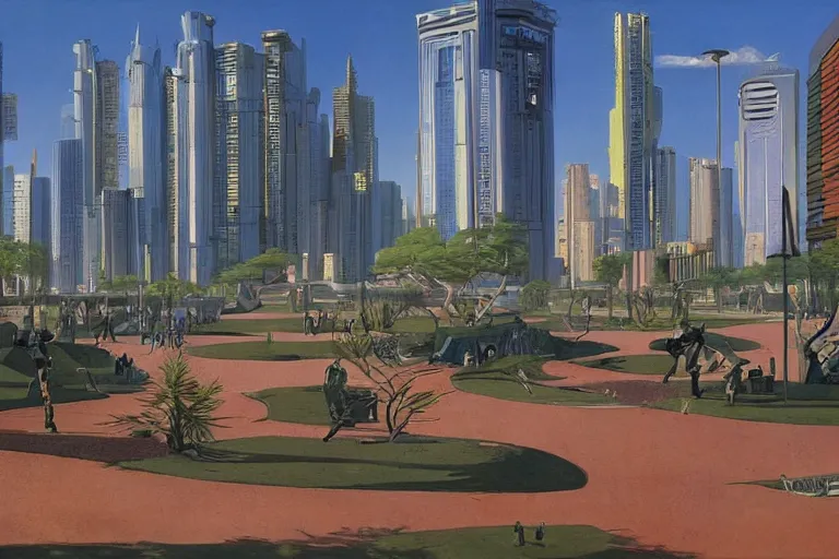 Image similar to city park surrounded by a tall defense wall. art in cyberpunk style by dali, and vincent di fate