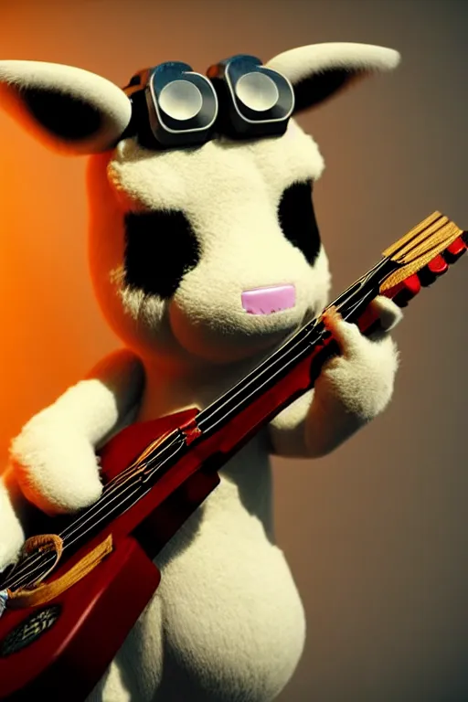 Image similar to high quality 3 d render very cute fluffy! cyborg cow plays guitar, highly detailed, unreal engine cinematic smooth, in the style of blade runner & detective pikachu, hannah yata charlie immer, moody light, low angle, uhd 8 k, sharp focus