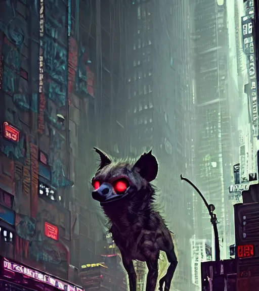 Image similar to new york city portrait of furry anthro anthropomorphic spotted hyena crocuta head animal person fursona wearing clothes strange cybernetic muzzle gloomy rainy screenshot from the video game cyberpunk 2077 digital art by Greg Rutkowski, Simon Stalenhag, christopher nolan trending on Artstation, CGSociety