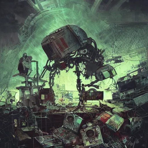 Image similar to An old punk sitting alone in a junkyard with his robot friend + black layered paper + end of the world theme + elements + dark blue and green tones + neon + baroque + rococco + white + ink + marc simonetti, craig mullins, peter mohrbacher, michael whelan, detailed, intricate ink illustration, cinematic, mucha