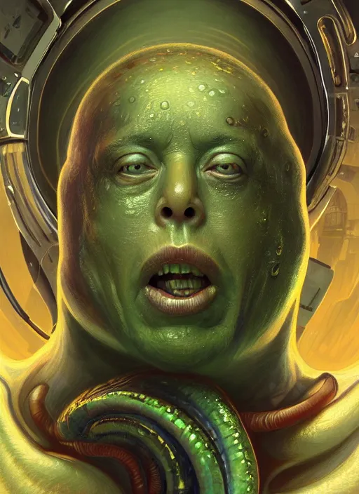 Image similar to elon musk as slimy mollusk character, drool, far shot!!!, wide angle, highly detailed, digital painting, artstation, concept art, wallpaper, smooth, sharp focus, illustration, art by h. r. giger and artgerm and greg rutkowski and alphonse mucha