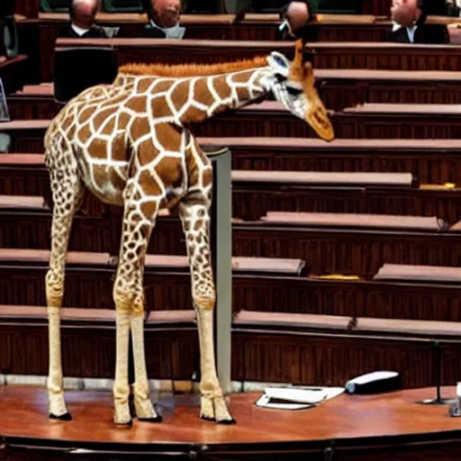 Image similar to a giraffe with a tie and pants on the spanish congressional stage