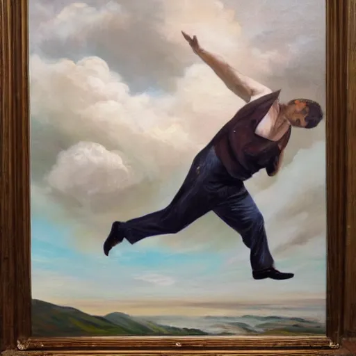 Image similar to expressive oil painting of a man falling form the sky with clouds, view from top looking down,